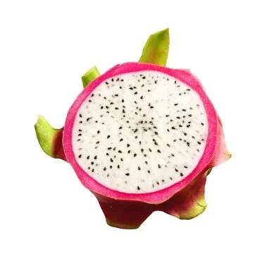 Dragon fruit slice isolated on white background. Pink pitaya cross section wi Stock Photos