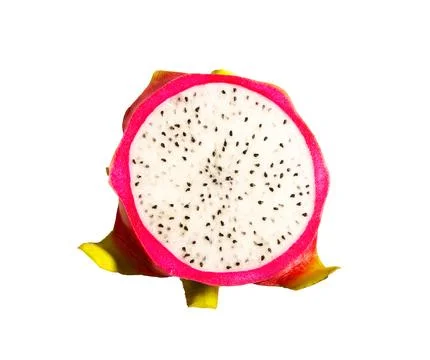 Dragon fruit slice isolated on white background. Pink pitaya cross section wi Stock Photos