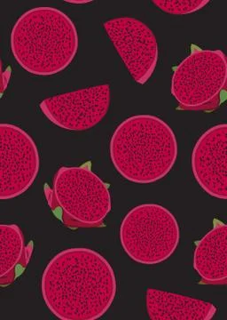 Dragon fruit slice seamless pattern on black background. Red dragon fruit. Tr Illustrazione stock