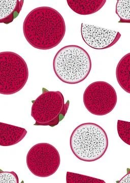 Dragon fruit slice seamless pattern on a white background. Red dragon fruit.  Illustrazione stock