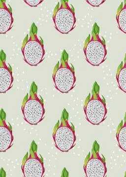 Dragon fruit slice seamless pattern with seed on pastel green background. Tro Illustrazione stock