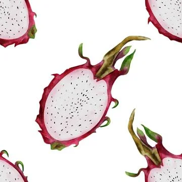 Dragon fruit watercolor seamless pattern. Halves of exotic pitahaya on a white Illustrazione stock