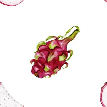 Dragon fruit watercolor seamless pattern. Halves of exotic pitahaya on a white Stock Illustration