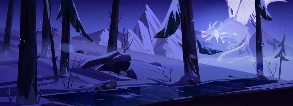 Dragon ghost in night winter forest with pond Stock Illustration