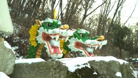 Dragon head in Closed amusement park Stock Footage