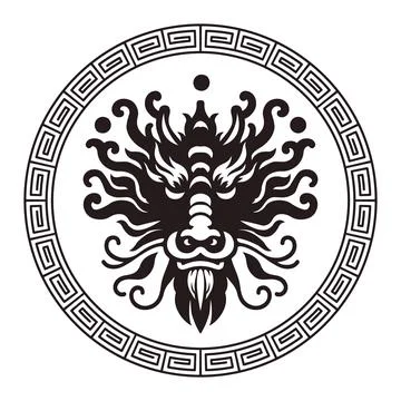 Dragon head front view inside ornamental frame. Stock Illustration