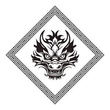 Dragon head front view inside ornamental frame. Stock Illustration