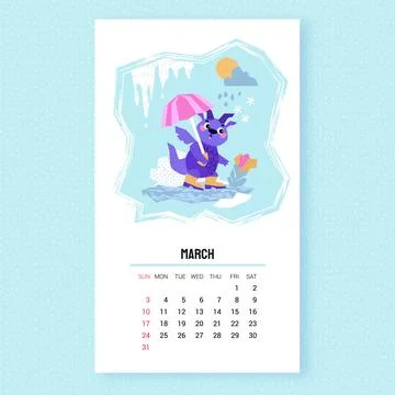 Dragon hiding under an umbrella from the rain. Dragon calendar. April. Spring Stock Illustration