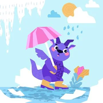 Dragon hiding under an umbrella from the rain. Cute Dragon cartoon mascot Stock Illustration