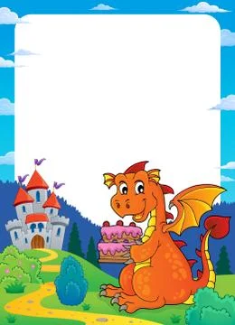 Dragon holding cake theme frame Stock Illustration