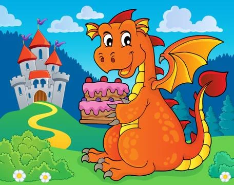 Dragon holding cake theme image 库存插图