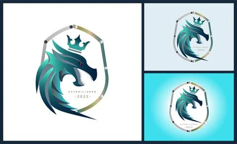 Dragon king crown shield warrior logo template design Stock Illustration