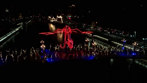 Dragon light show on Teatterisilta bridge in Turku Finland aerial night view Stock Footage 166174177