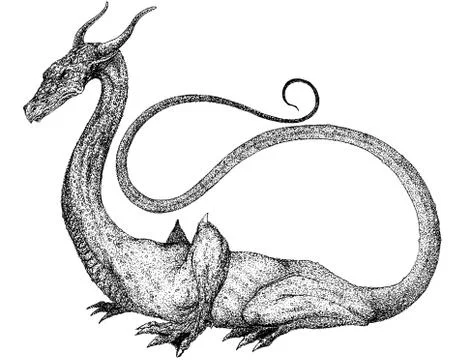 Dragon with a long tail sitting on the ground Stock Illustration