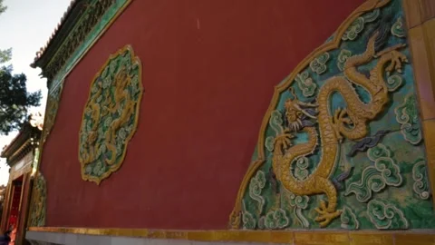 Dragon Reliefs on Red Wall in Forbidden City Courtyard, Beijing China Stock Footage 345820259