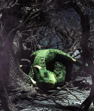 Dragon resting in creepy forest,3d rendering for book cover  Illustrazione stock