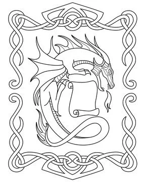 Dragon with a scroll in a frame of Celtic ornament - a vector linear picture Illustrazione stock