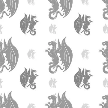 Dragon silhouettes seamless pattern with wings. Medieval dragon. Stock Illustration