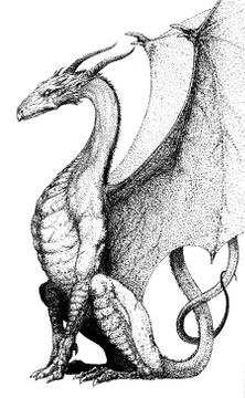 Dragon sitting with folded wings looking forward Stock Illustration
