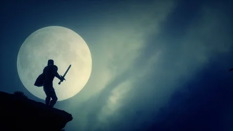 Dragon Slayer Knight Looking at a Dragon Flying in a Sky in Medieval  Fantasy Stock Footage 123148377