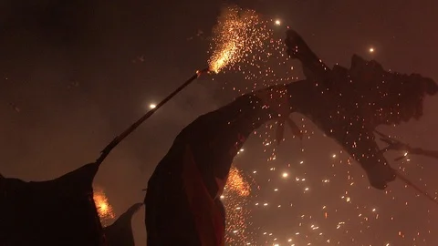 Dragon, Sparks, firecrackers on festival Stock Footage