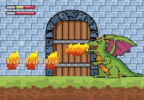 Dragon spits fire and character in the castle door Stock Illustration