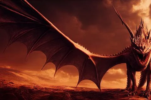 The dragon spread its huge wings against the backdrop of a red desert landsca Stock Illustration