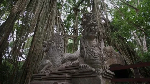 Dragon Statue Bridge in Sacred Monkey Forest Sanctuary, Ubud Stock Footage 345220110