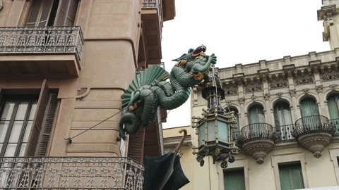 Dragon statue on the facade of an old building in Barcelona, Spain Stock Footage 201752442