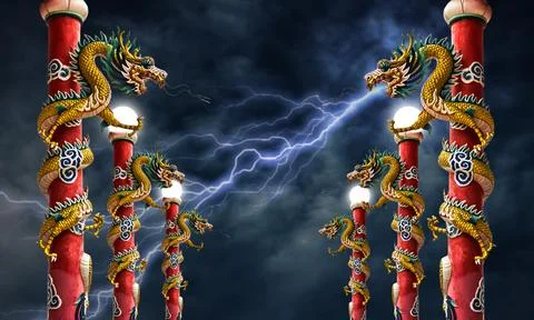 Dragon statue with lightning Storm Stock Photos
