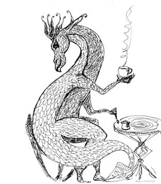 Dragon at the table drinking tea or coffee, graphic black and white drawing on a イラスト素材