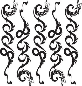 Dragon Tattoo Design Elements: Tribal, Black &amp; White, Vector Art Stock Illustration