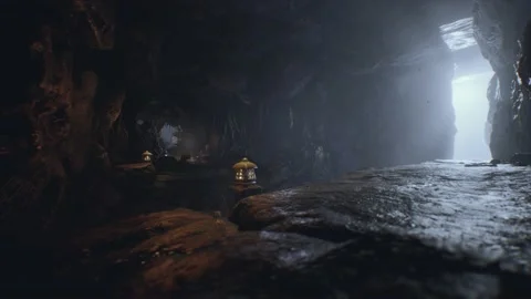 The dragon teaches its young to scream in mystical caves Stock Footage 145420751
