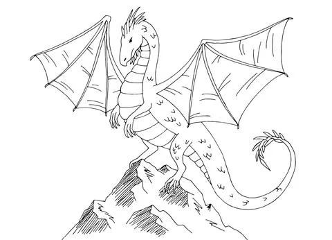 Dragon on the top cliff mountain black white sketch illustration vector Stock-Illustration