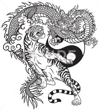 Dragon versus tiger Black and white tattoo Stock Illustration