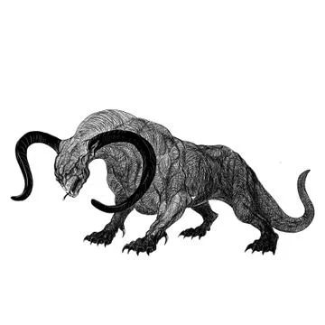 Dragon without wings with horns evil creature from hell, nightmare beast Illustration