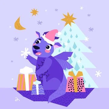 Dragon wrapping presents. Gift giving season. December. Winter Christmas time Stock Illustration