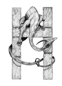 The dragon wraps its tail around a stone letter H. Stock Illustration