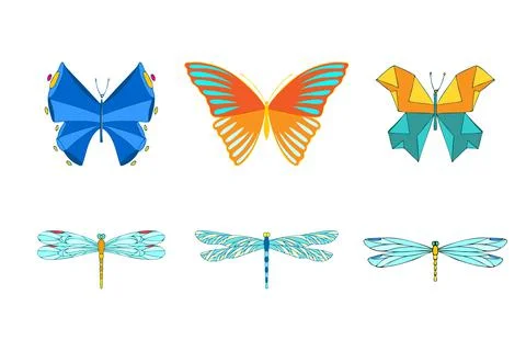 Dragonfly and butterfly set. Vector illustration, template Stock Illustration