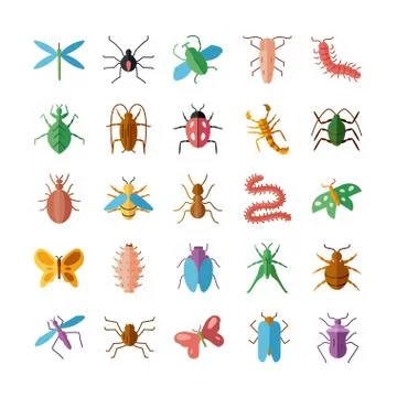 Dragonfly and insect icon set, flat style Stock Illustration