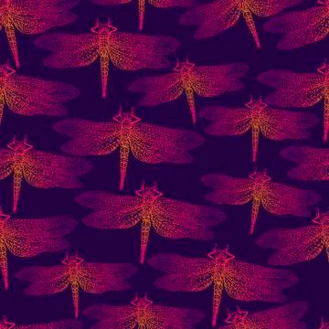 Dragonfly, bright insect, seamless pattern. Gradient orange pink Stock Illustration