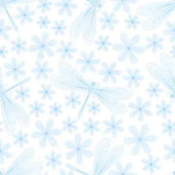 Dragonfly, flowers seamless pattern. Hand drawn doodle. Vector illustration. Stock Illustration