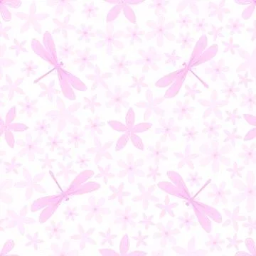 Dragonfly, flowers seamless pattern. Hand drawn doodle. Vector illustration. Stock Illustration