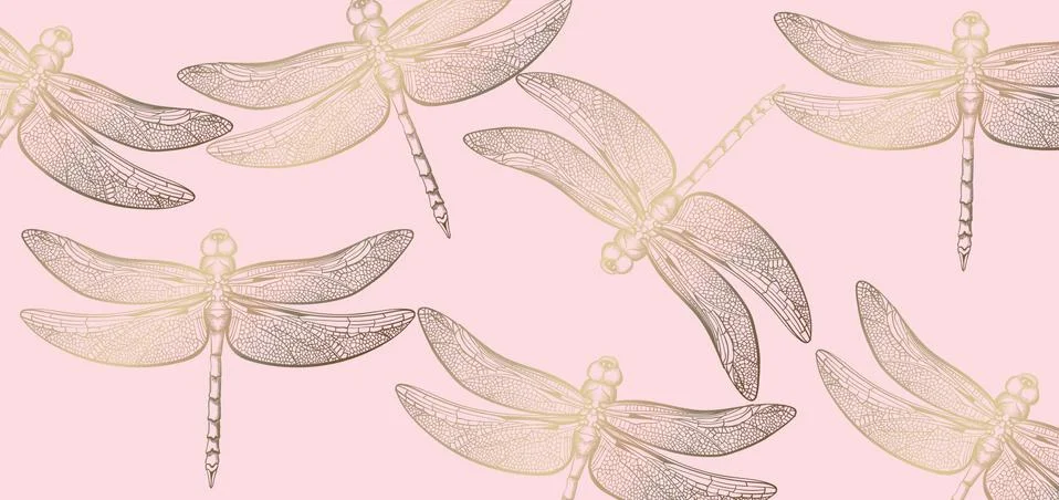 Dragonfly golden pattern Vector line art. Texture shiny decors Stock Illustration