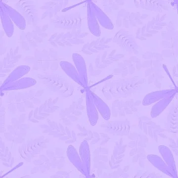 Dragonfly, leaves, twigs seamless pattern. Hand drawn doodle. Vector. Stock Illustration