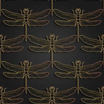 Dragonfly pattern, black gold pattern design. Vector illustration. Seamless Stock Illustration