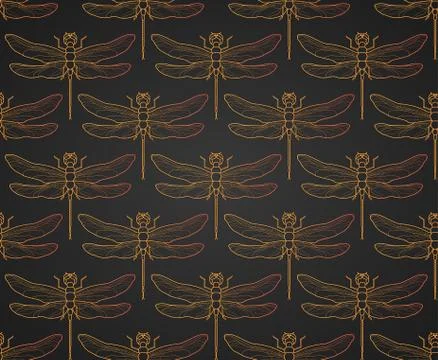 Dragonfly pattern seamless vector illustration. Insect pattern background gold Illustrazione stock