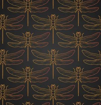 Dragonfly pattern seamless vector illustration. Insect pattern background gold 스톡 일러스트