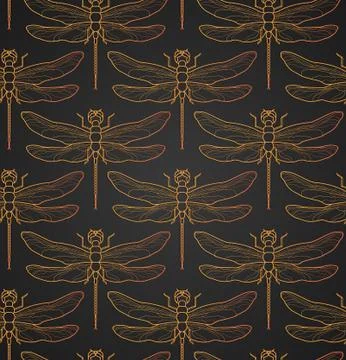 Dragonfly pattern seamless vector illustration. Insect pattern background gold Stock Illustration