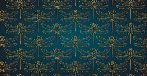 Dragonfly pattern seamless vector illustration. Insect pattern background gold Stock Illustration